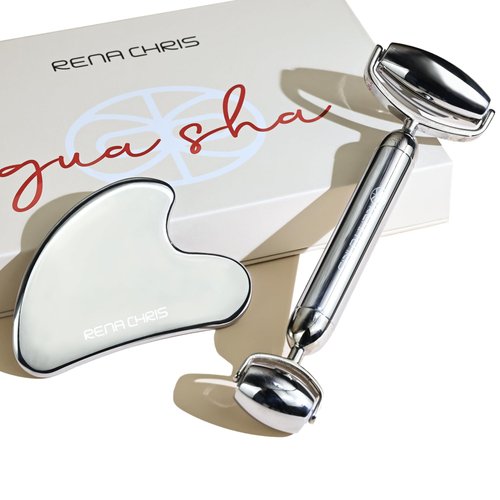 Rena Chris Gua Sha Facial Tool & Face Roller Set, Metal Guasha Tool and Facial Roller [Premium Stainless Steel] Face Massager Tools Suitable for Skin Care Daily Routine, Puffiness, Body Massage