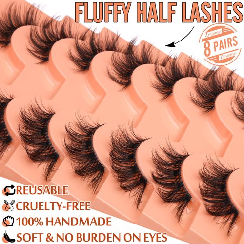 Half Lashes Fluffy False Eyelashes Cat Eye Lashes Mink Wispy Thick Fake Eyelashes 3/4 Corner Lashes with Clear Lash Band by Zegaine 8 Pairs Natural Lash Pack