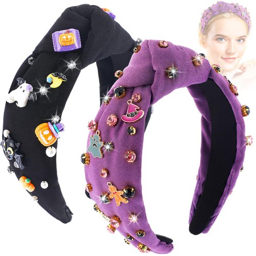 Mimorou 2 Pcs Halloween Headbands for Women Halloween Rhinestone Knotted Headbands Pumpkin Ghost Witch Hat Hairband Black Purple Beaded Crystal Embellished Headband Accessories