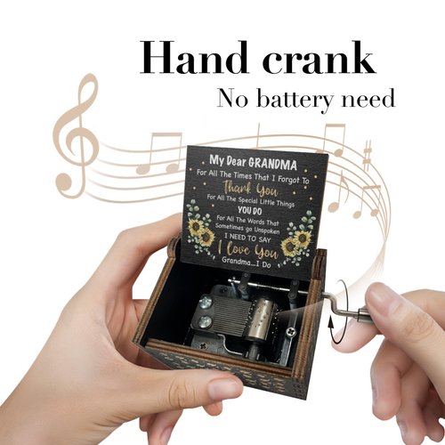 Hcaredee Music Box Gifts for Grandma You are My Sunshine Hand Crank Engraved Wooden Musical Boxes Sunflower Gift for Grandmother on Birthday Christmas Mothers Day(Black)