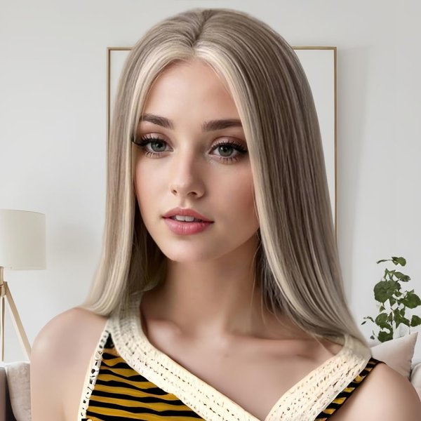 21AE Ombre Ash Blonde Wig with Baby Hair Pre plucked White Grey Balayage Highlights Streaks Platinum Blonde Lace Front Wigs for White Women Straight Bob Japanese Synthetic Wig Soft as Human Hair