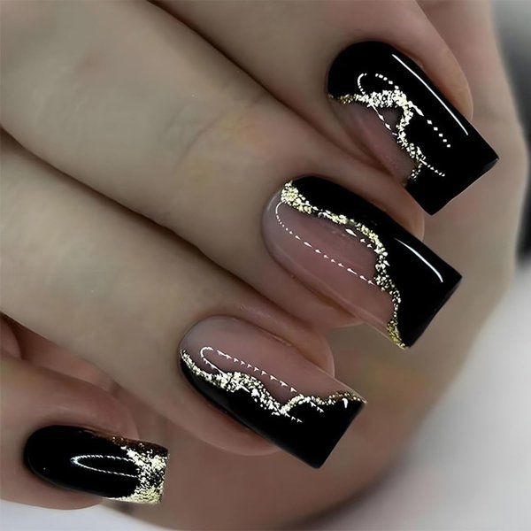 ANDGING Black Press on Nails Square Short Medium French Tip Fake Nails Glue on Nails with Gold Line Striped Design 24Pcs False Nails with Glue Women Acrylic Stick on Nail for Wedding Birthday DL89O7