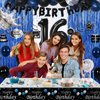 16th Birthday Decorations for Boys, 73PCS Blue Black Happy 16th Birthday Balloons for Girls, 16 Years Old Bday Party Supplies with Tablecloth, Fringe Curtains, Hanging Swirls Decor for 16th Teenager