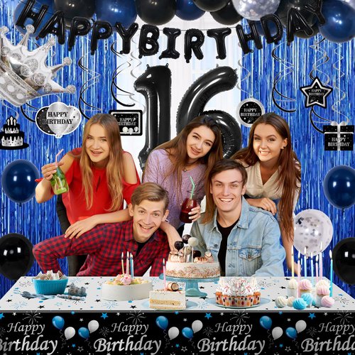 16th Birthday Decorations for Boys, 73PCS Blue Black Happy 16th Birthday Balloons for Girls, 16 Years Old Bday Party Supplies with Tablecloth, Fringe Curtains, Hanging Swirls Decor for 16th Teenager
