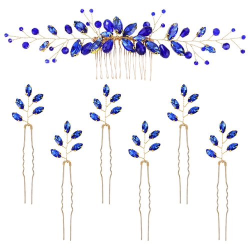 Dizila 7 Pieces Royal Blue Party Prom Wedding Bridal Crystal Rhinestone Vine Leaf Hair Side Combs + Rhinestone U-shaped Hair Pins Headpieces for Brides Bridesmaids Women Girls
