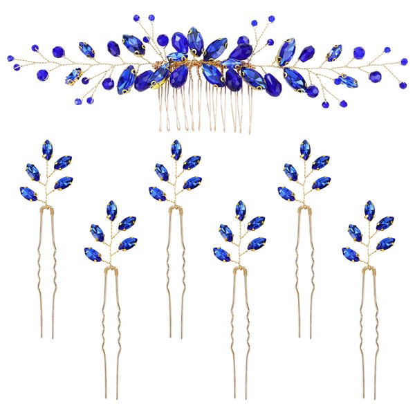Dizila 7 Pieces Royal Blue Party Prom Wedding Bridal Crystal Rhinestone Vine Leaf Hair Side Combs + Rhinestone U-shaped Hair Pins Headpieces for Brides Bridesmaids Women Girls
