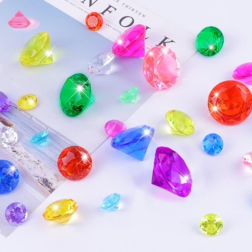 YUJUN 46 PCS Diving Gems Toys,Acrylic Big Diamond Pool Gems with Pirate Treasure Chest Summer Beach Underwater Swimming Toys for Kids Birthday Swimming Pool Party Favors Fish Tank Stuffer (3 Sizes)