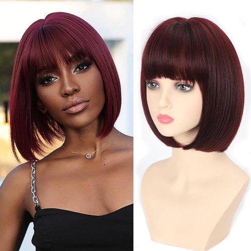 Refined Short Bob Wigs With Bangs 12 inch Straight Synthetic Cosplay Party Wig For Women Daily Use Colorful Hair Wigs (wine red, 12 Inch)