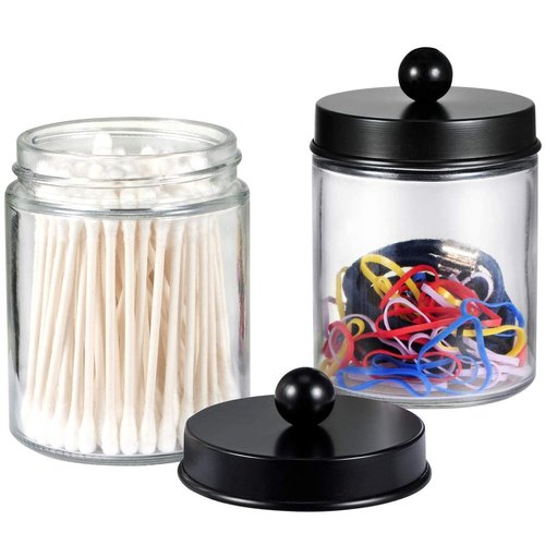 Apothecary Jars Bathroom Storage Organizer - Cute Qtip Dispenser Holder Vanity Canister Jar Glass with Lid for Cotton Swabs,Rounds,Bath Salts,Makeup Sponges,Hair Accessories/Black（2 PACK）