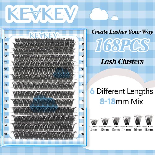 KevKev Lash Clusters 168 Pcs Cluster Lashes DIY Lash Extensions Mixed Styles Individual Lashes Eyelash Clusters Thin Band & Soft False Lashes Wispy Natural Lash Extension Clusters (Cirrus, D-8-18mix)