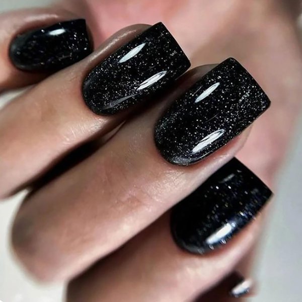 24 Pcs Black Press on Nails Square Glitter Fake Nails Glossy Glue on Nails with Nail Glue Natural Full Cover False Nail Tips Medium Stick on Nails Artificial Finger Manicure for Women Girls