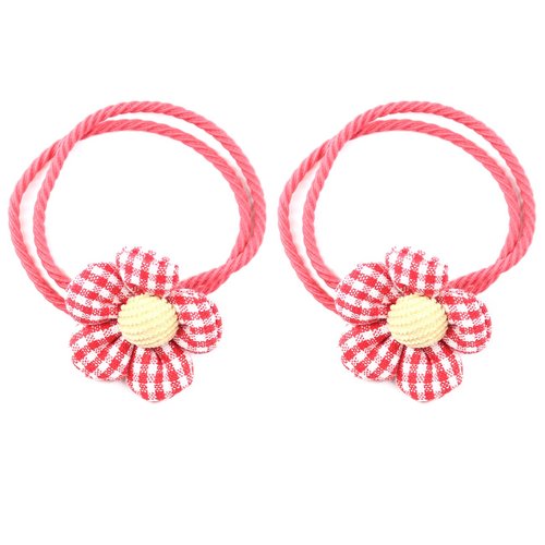 2PCS Fabric Flower Ropes Series Hair Bands Clips Ties Ponytail Holders Soft Elastic Bands/Clips with Flowers Hair Accessories for Baby Girls Children and Ladies (Rope-Red)