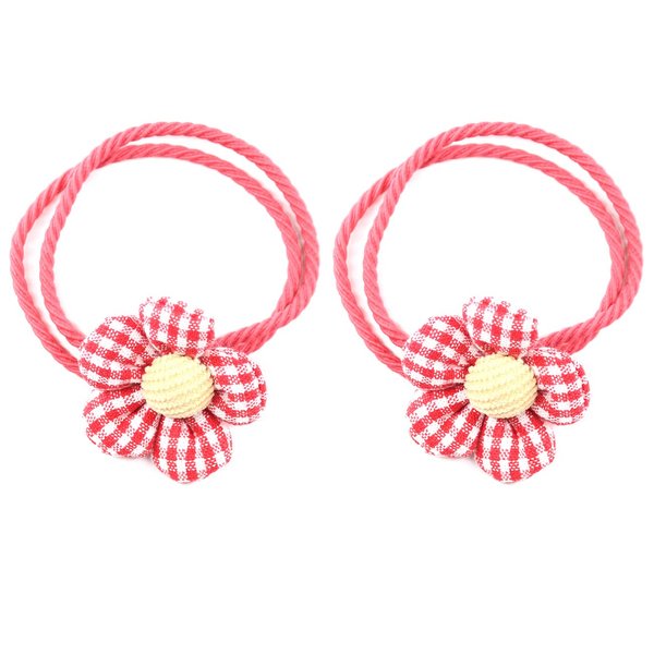 2PCS Fabric Flower Ropes Series Hair Bands Clips Ties Ponytail Holders Soft Elastic Bands/Clips with Flowers Hair Accessories for Baby Girls Children and Ladies (Rope-Red)