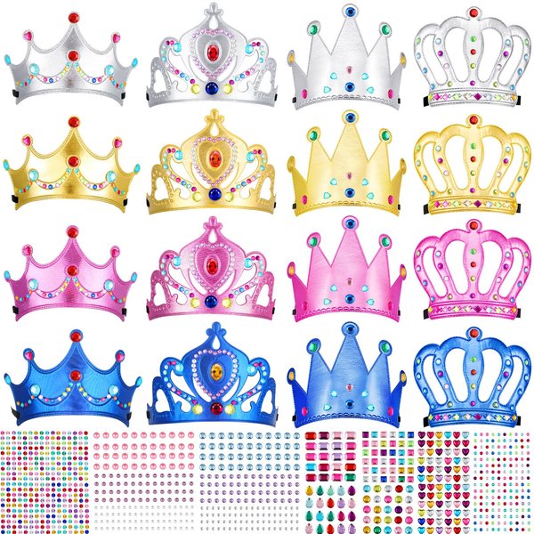 Epakh 27 Pcs Princess Crown Set with 16 DIY Crowns and 11 Diamond Stickers for Party Supplies