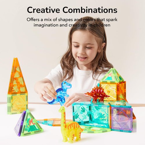 MiDeer Dinosaur Toy Magnetic Tiles 48 Pcs, Magnetic Building Blocks for Toddler 3-5, Educational Stack Tile Construction Magnet Block STEM Learning Toy for Kids Age 3-5 4-8