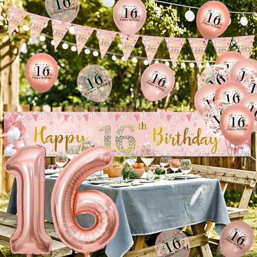 Sweet 16th Birthday Decorations for Girls, Rose Gold Sweet Happy 16th Banner Confetti Balloons, Triangle Flag Pennant Bunting,16th Foil Balloons for 16th Girls Kids Birthday Party Supplies Decor