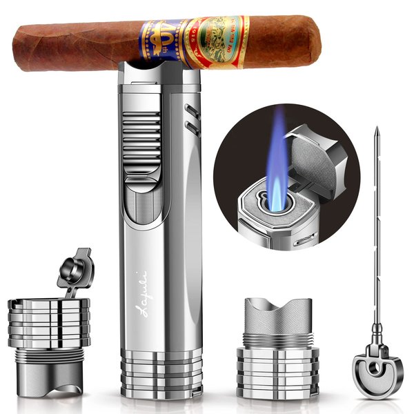 LAFULI Cigar Lighter, Cigar Punch, Cigar Draw Enhancer, Cigar Holder,All-in-one Refillable Butane Torch Lighter. Cigar Accessories(Gas Not Included)