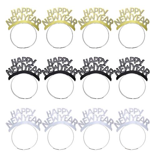 ORZIZRO 12Pcs HAPPY NEW YEAR Tiara Headband, Glitter Hair Clasp Tiaras for 2024 New Year Eve Party Favors Silver Gold Black