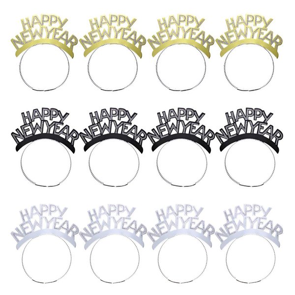 ORZIZRO 12Pcs HAPPY NEW YEAR Tiara Headband, Glitter Hair Clasp Tiaras for 2024 New Year Eve Party Favors Silver Gold Black