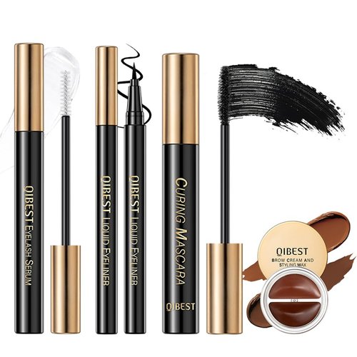BEUKING Liquid Eyeliner+Lash Serum+Mascara+2 In 1 Eyebrow Cream 4Pcs Set Waterproof Sweat-resistant Non-smudge Make-up Natural Three-Dimensional Comprehensive Eye Makeup Kit for Daily Eye Makeup