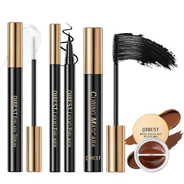 BEUKING Liquid Eyeliner+Lash Serum+Mascara+2 In 1 Eyebrow Cream 4Pcs Set Waterproof Sweat-resistant Non-smudge Make-up Natural Three-Dimensional Comprehensive Eye Makeup Kit for Daily Eye Makeup