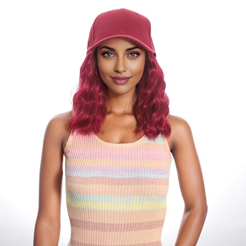 AliRobam Hat with Natural Wave hair Extensions attached for woman Baseball cap wig Short Bob Hairstyle Adjustable Wig (Red)