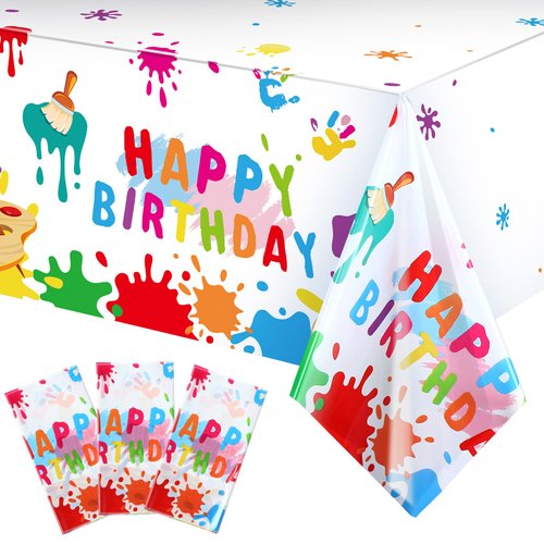 3 Pieces Art Paint Party Tablecloths Happy Birthday Table Cover Paint Splatter Party Table Cloth Disposable Plastic Painting Supplies for Kids Birthday Artist Theme Decorations 108 x 54 Inch