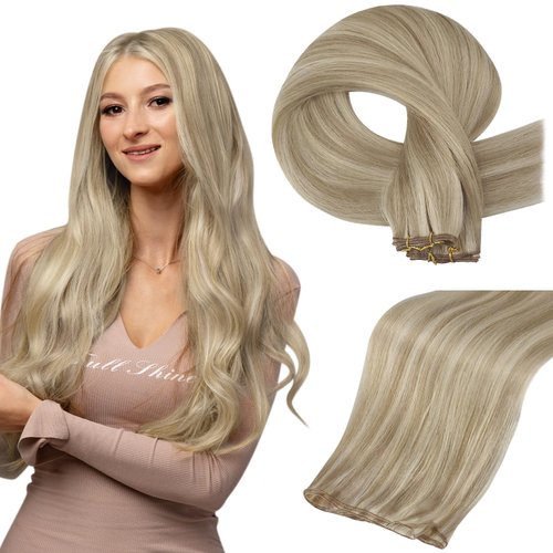 Full Shine Genius Weft Hair Extension Human Hair 24 Inch 60G Hand Tied Hair Extensions Color Golden Blonde Highlighted Medium Blonde Human Hair Extensions Sew In Invisible Blonde Hair Extension