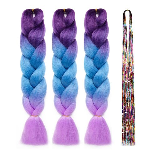 Braiding Hair Extensions for Women 3 Packs 100g/Pack 24Inch High Temperature Ombre Jumbo Synthetic Braiding Hair for Twist Crochet Braids (3 Packs, purple-lake blue-light purple)