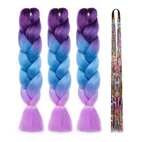 Braiding Hair Extensions for Women 3 Packs 100g/Pack 24Inch High Temperature Ombre Jumbo Synthetic Braiding Hair for Twist Crochet Braids (3 Packs, purple-lake blue-light purple)