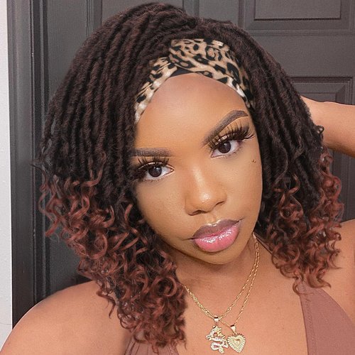 Hanne Fashion Faux Locs Headband Wig Short Dreadlock Wigs Goddess Hand Braided Twist Synthetic Wigs for Black Women Curly Dreadlock Locs Wig 1B/350#