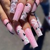 Halloween Cute Ghost Press on Nails Long Coffin Fake Nails Holiday Cute Spooky Heart Spider Web Design Full Cover Nude Pink Nails Acrylic Artificial French False Nails for DIY Manicure Decoration