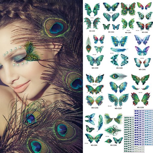 14 Pcs Peacock Butterfly Temporary Tattoos Sticker Self Adhesive Face Gems Peacock Pattern Butterfly-Shaped Face Tattoos Sticker with Green Blue Face Rhinestone Gems for Make-up Halloween Rave Party