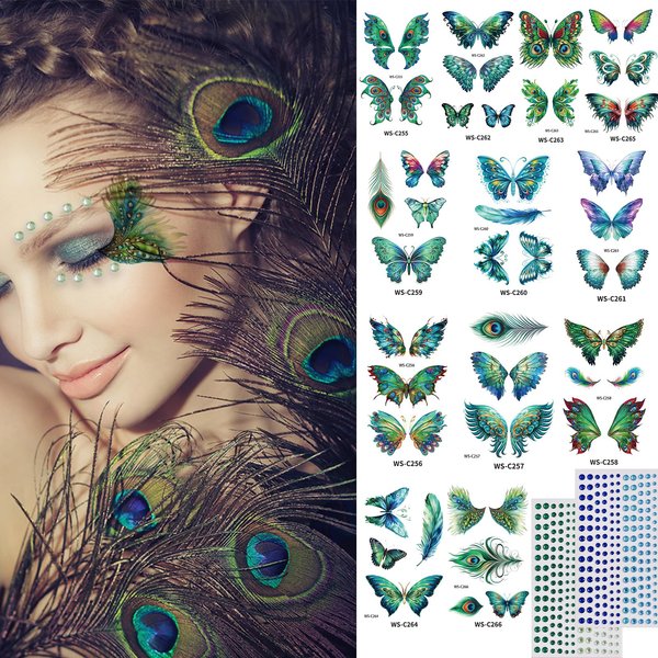14 Pcs Peacock Butterfly Temporary Tattoos Sticker Self Adhesive Face Gems Peacock Pattern Butterfly-Shaped Face Tattoos Sticker with Green Blue Face Rhinestone Gems for Make-up Halloween Rave Party