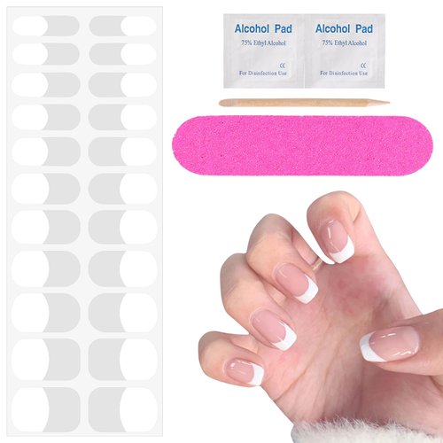 20 Pcs French Tip Gel Nail Strips Semi Cured Gel Nail Strips French Tip Nail Stickers Semi Cured UV Gel Nail Strips for Home Nails DIY Nails Salon