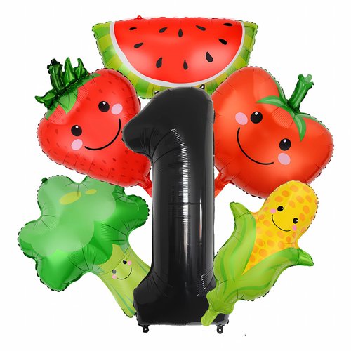 6Pcs First Birthday for Kids Hey Bear Fruit Sensory Dancing Fruit Vegetables Party Supplies 40 Inch Foil Helium Balloon Watermelon Strawberry One Party Decorations 1st Anniversary Backdrops