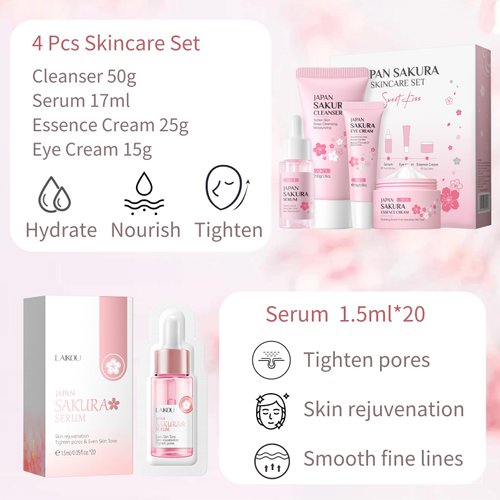 Skincare Set Women Cherry Blossom Gifts - Skin Care Set Travel Hydrating - Skin Care for Teens 10-12 Moisturizing - Travel Kit with Cleanser,Serum,Eye Cream,Face Cream (One Size, Sakura 6PCS Scent)