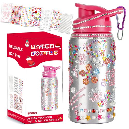 Decorate Your Own Water Bottle Kits for Girls, Valentines Goodie Bag Stuffers, Valentines Day Gifts for Kids Ages 5 6 7 8 9 10 Year Old, Gem Art supplies for Teen Girl, Daughter Sister Birthday Gift