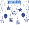 Nelbiirth Happy 15th Birthday Blue & Silver Glitter Swirls Streamers Party Decorations - 15 Pcs 15th Birthday Hanging Swirls Streamers Kit,Cheers to Fifteen Years Old Bday Party Sign.