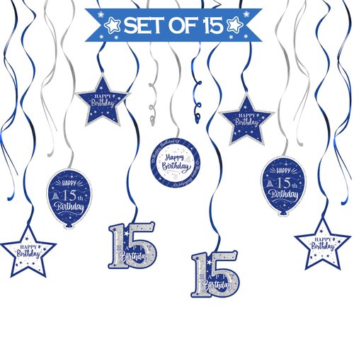 Nelbiirth Happy 15th Birthday Blue & Silver Glitter Swirls Streamers Party Decorations - 15 Pcs 15th Birthday Hanging Swirls Streamers Kit,Cheers to Fifteen Years Old Bday Party Sign.