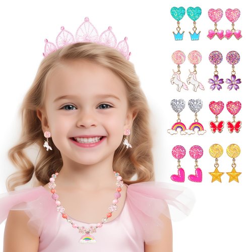 EleMirsa 16 Pairs Girl Clip On Earrings Little Girl Princess Clip on Earrings Dress Up Pretend Play Earrings Jewelry Set for Toddlers Kids(16 Pairs)