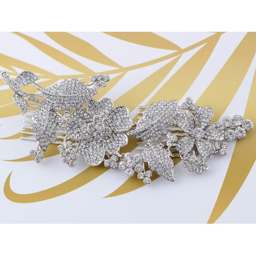 Alilang Silvery Tone Crystal Rhinestone Flower Leaf Bridal Long Hair Comb