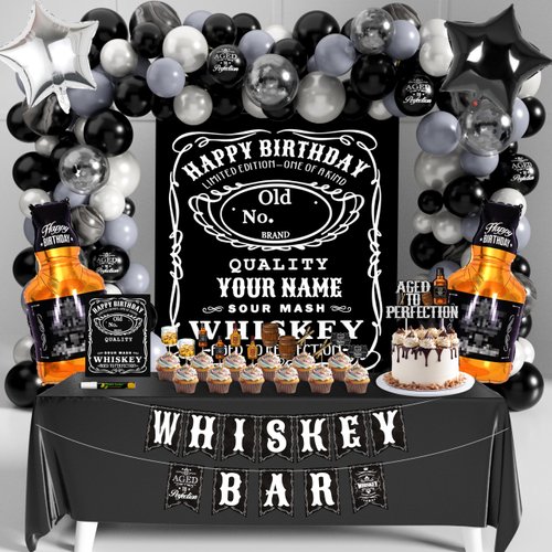 Whiskey Birthday Decorations for Men Aged to Perfection Birthday Party Supplies Happy Birthday Backdrop Tablecloth Whiskey Bar Banner Balloon Garland Birthday Poster for Men Adult Beer Party Decor