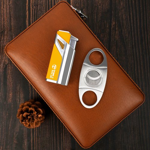 Time C Club 4-Finger Portable Travel Leather Cigar Case, Cigar Cutter,Cigar Humidor with Cigar Lighter and Humidifier, Groomsmen Gift, Birthday Gift