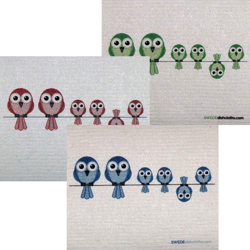 Mixed Birds on Wire Set of 3 Each Swedish Dishcloths | ECO Friendly Absorbent Cleaning Cloth | Reusable Cleaning Wipes