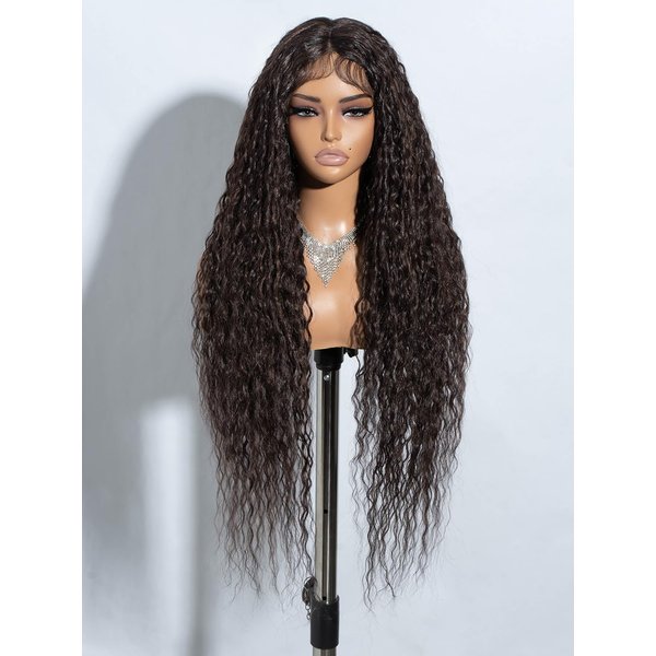 Joedir 32" Long Deep Curly Wavy Lace Front Synthetic Wigs HD Transparent Glueless Lace Wig Heat Resistant Fiber Pre Plucked Hairline with Baby Hair Wig for Women(Chocolate Brown Color)