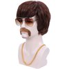 Bettecos 70s 80s Costume Wigs for Men with Mustache Glasses and Chain Short Brown Shaggy Disco Wig for Sonny Singer Rocker Hippie Retro Cosplay Halloween Party