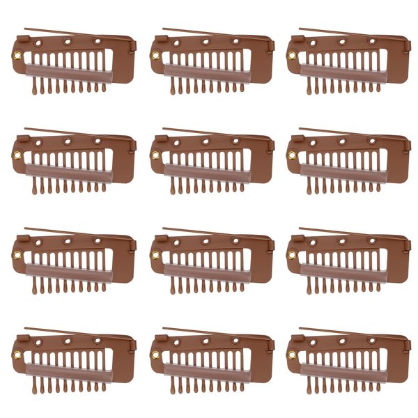 12pcs Wig Clip with Safety Pins, 10-Teeth Hair Extension Snap Clips Invisible Strong Wig Combs to Secure Wig No Sew Chunni Grip Dupatta Clips for Girls Women Wig Headscarf Hijab & Tikka(Brown)