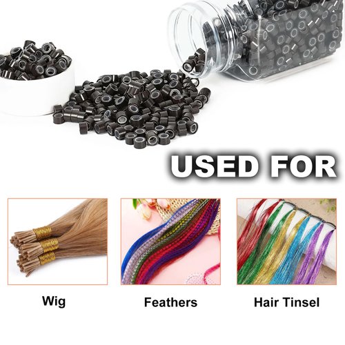 BUPPLER Silicone Lined Micro Ring Beads for Hair Extensions Wig 500PCS 5mm Micro Rings Links Tool