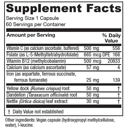 Vitanica Iron Extra, Iron Supplement Enhanced Absorption with Vitamin C 500mg, Methylfolate 400mcg, B12 Vitamin 500mcg, Calcium, Yellow Dock, Dandelion Root & Nettle Leaf Extract, Vegan, 60 Capsules